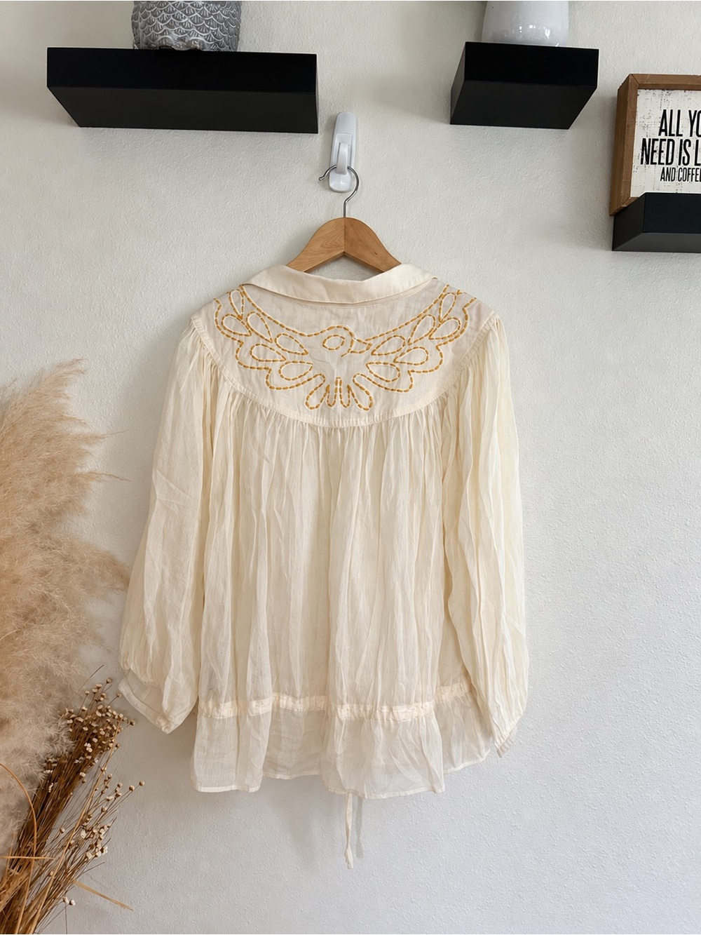 MOTHER Don’t Lose Your Shirt Embroidered Boho Blouse Cream Oversized